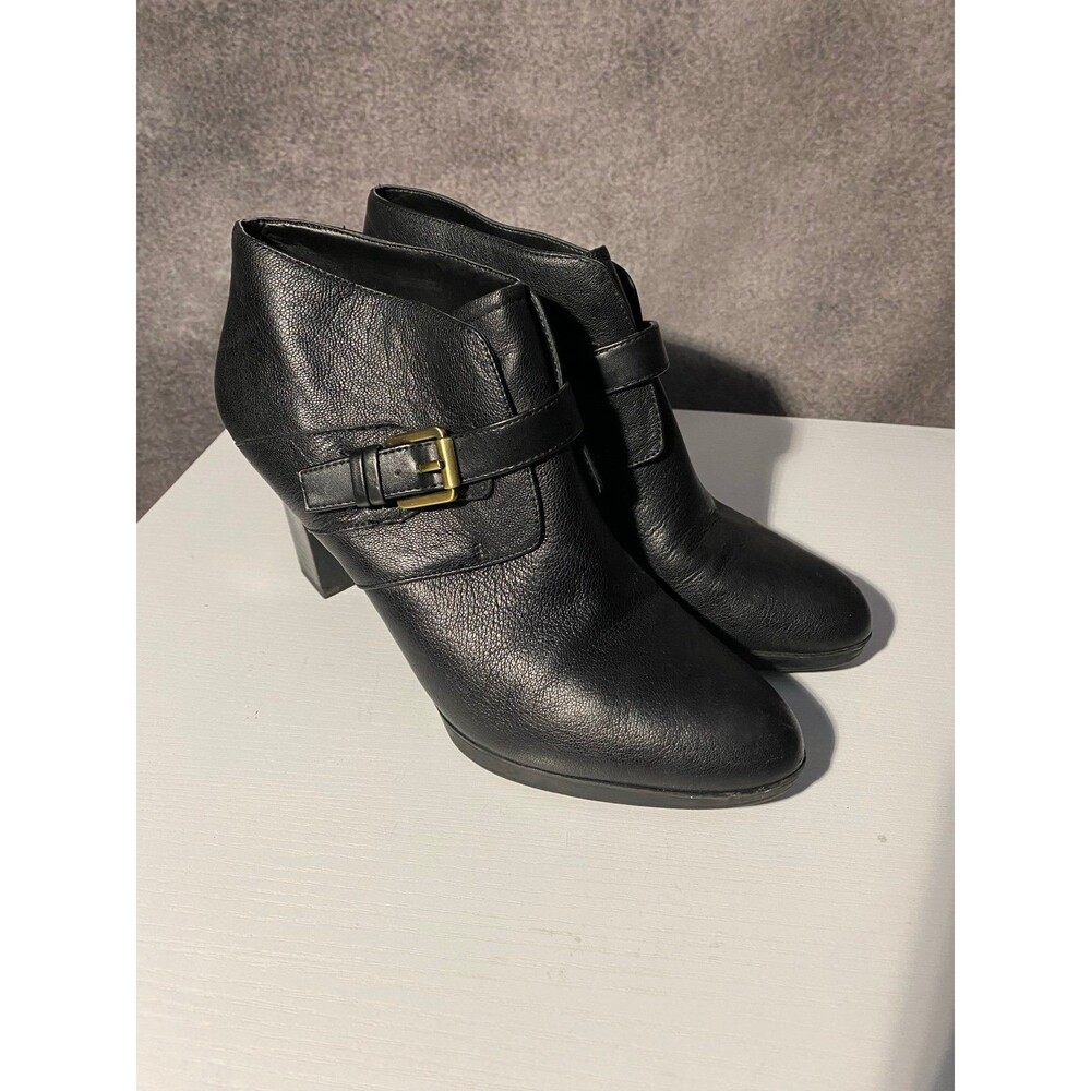 Franco Sarto Black Leather Ankle Boots Size 9M Women's Block Heel Buckle Booties